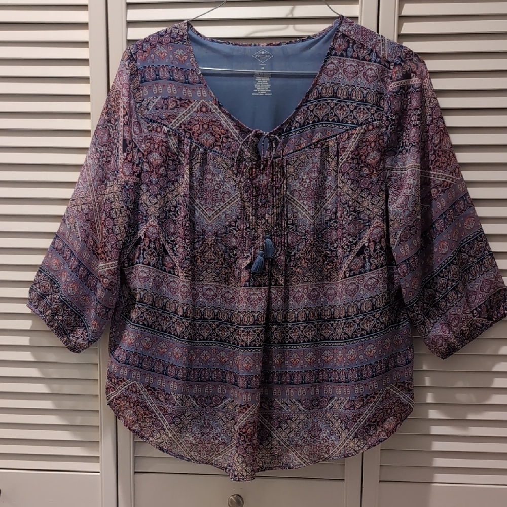 St John's Bay Peasant Blouse 3/4 Sleeve Purple Blue Paisley Boho Sz1X EUC